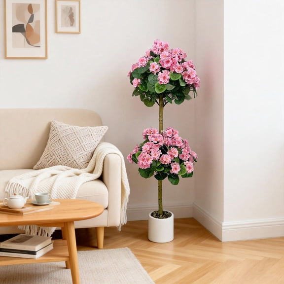 Gaderth 4FT Artificial Geranium Plant, Silk & Plastic Blend Real Touch Faux Flowers in White Round Pot, Indoor Outdoor Decor