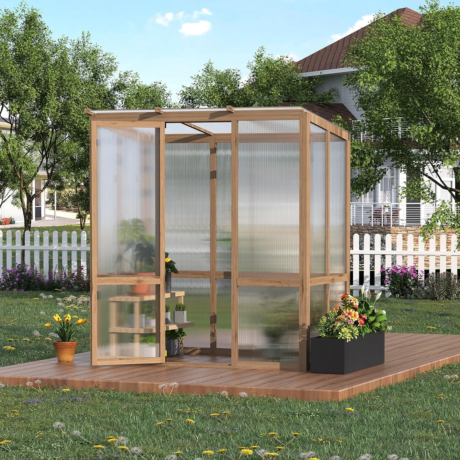Gaderth 4x6FT Wooden Greenhouses with Roof Vent, Wooden Walk-in Green House with Cedar Frame, Greenhouse Kit with 6MM Thick Polycarbonate Panel