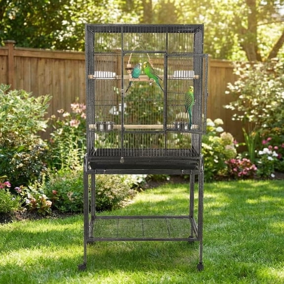 Gaderth 53 Inch Bird Cage with Wooden Perches,Standing Wrought Iron Birdcage Large Parrot Flight Bird Cage with Rolling Stand Birdcages for Cockatiels African Grey Quaker Lovebird Canary Budgie Finch