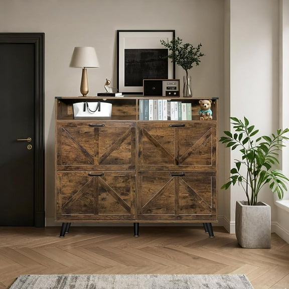 Gaderth 55in Shoe Storage Cabinet with 4 Flip Drawers, Freestanding Narrow Shoe Organizer with Open Shelves, Wooden Shoe Rack with Metal Legs and Anti-Tip Stabilizers for Entryway, Hallway, Bedroom