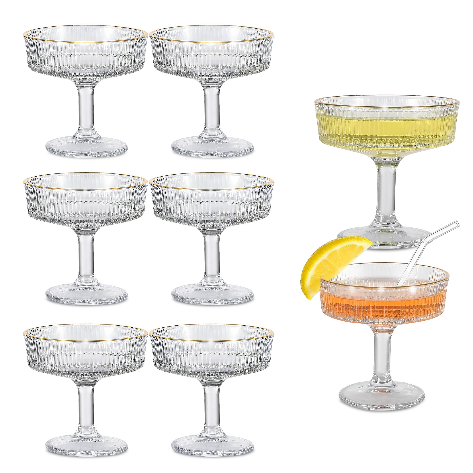 Gaderth 6-Pack Ribbed Coupe Glasses,7 oz Vintage Martini Glasses Set, Crystal Clear Whiskey Cocktail Cups (4.25 in Tall) for Home Bar, Wedding Gifts,Shatter-Resistant Packaging