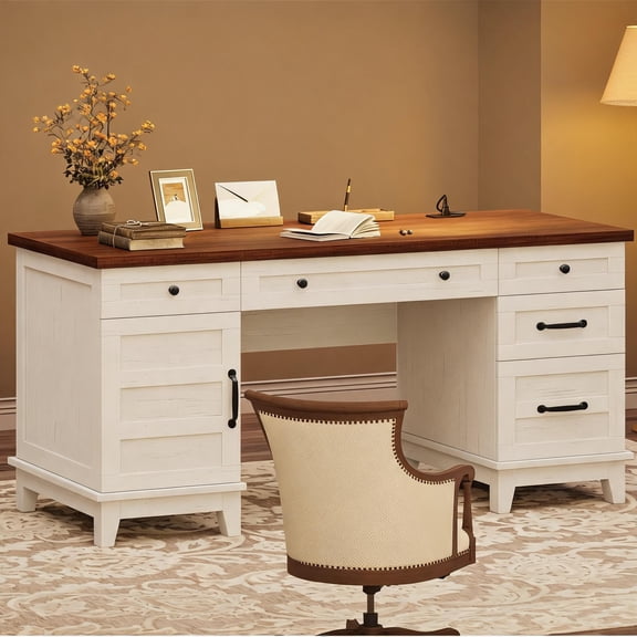 Gaderth 60-Inch Executive Desk, Large Office Computer Desk with Power Outlets and Drawers and Canbinet, Modern Simple Workstations Writing Table Conference Table for Home Office