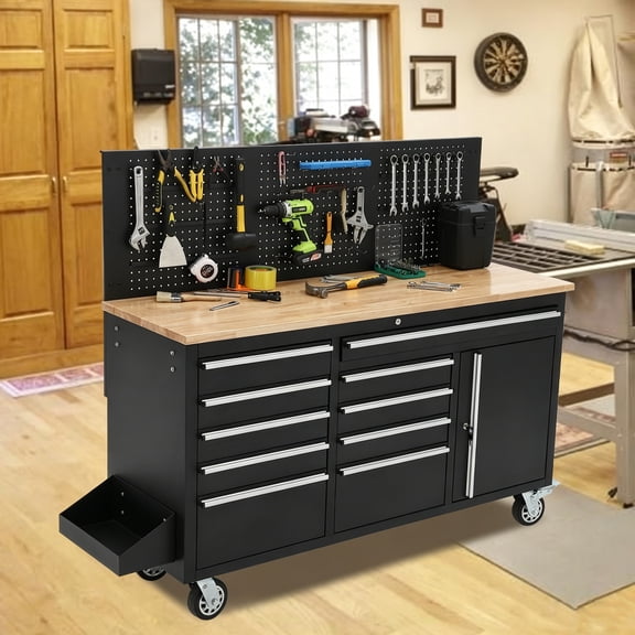Gaderth 61 Inch Rolling Tool Chest With Integrated Power Strip,Tool Cabinet With 10 Drawers,Garage Workbench With Rubber Wood Top Mobile Tool Storage Cabinet,1675 Lbs Load Capacity