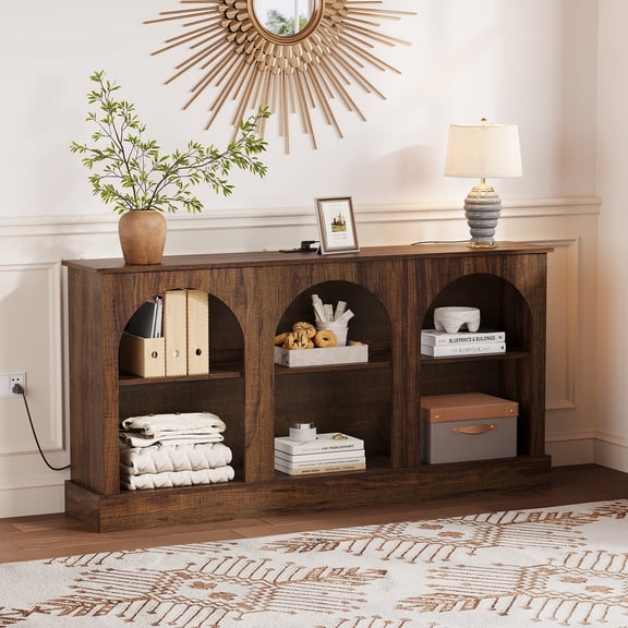 Gaderth 63" Arched TV Stand with Power Outlets and USB Ports, Entertainment Center with Storage, Modern Console Table with Charging Station for Entryway Living Room, 3-Tier Rustic Brown Media Console