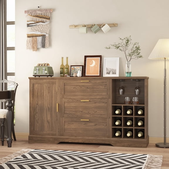 Gaderth 63 Inch Farmhouse Sideboard Buffet with Drawer&Adjustable Shelves, Kitchen Island for Snacks, Coffee Bar Buffet with Wine Racks for Kitchen Entryway White and Walnut