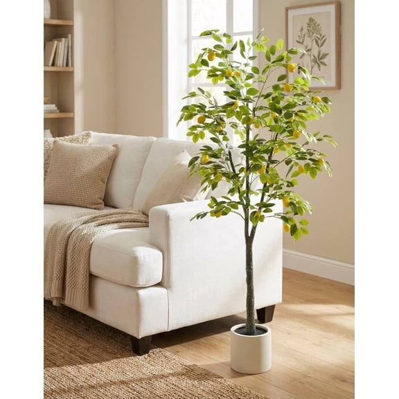 Gaderth 6FT Tall Artificial Lemon Tree with Pot, Fake Lemon Tree with White Tall Planter, Faux Lemon Plant with Fake Lemons for Home Office Kitchen Decor