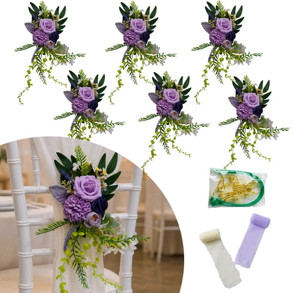 Gaderth 6Pcs Wedding Aisle Chair Decorations, Silk Rose Chair Back Flowers, Artificial Flower Chair Back Decor with Ribbons, Aisle Chair Flowers for Wedding Ceremony