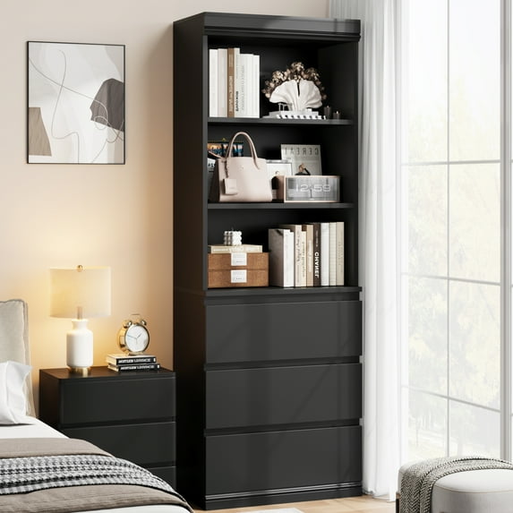 Gaderth 70" H Bookcase with 3 Storage Drawers,Tall Bookshelf w/ 3-Tier Open Shelf, Morden Storage Bookcase Wooden Deep Bookshelves Storage Cabinet Organizer