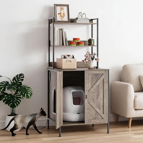 Gaderth 70" Hidden Cat Litter Box Furniture, Wooden Enclosure for Self-Cleaning Litter Boxes, Cat Robot Enclosure Cabinet with Shelves, Built-in Power Outlet