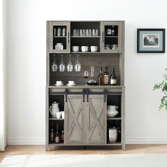Gaderth 70inch Farmhouse Wine & Coffee Bar Cabinet with Hutch, Tall Kitchen Pantry Buffet with Sliding Barn Doors, Wine & Glass Rack, Adjustable Shelves, Rustic Liquor Storage for Dining Room