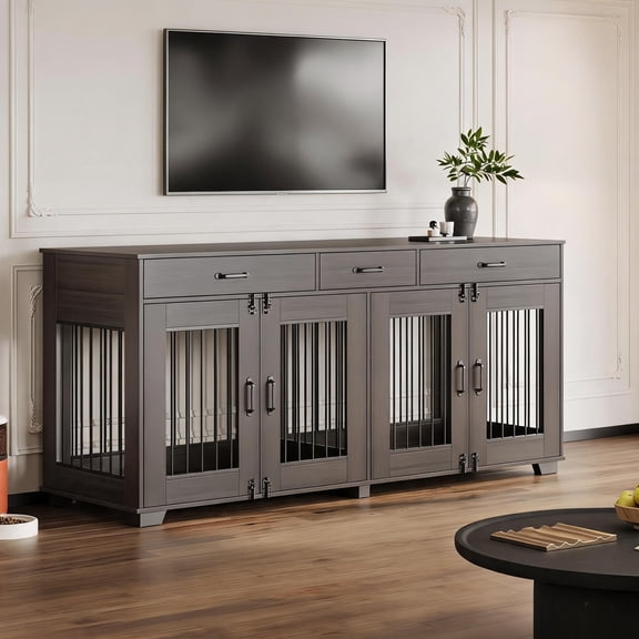 Gaderth 71" Dog Kennel Furniture For 2 Dogs, Double Dog Cage Furniture, Extra Large Wooden Dog Kennel With 3 Drawer, Removable Divider, Furniture-Style Tv Stand,Dog Crate For Large Medium Dogs
