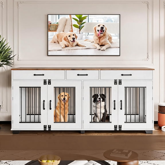 Gaderth 71" Dog Kennel Furniture For 2 Dogs, Double Dog Cage Furniture, Extra Large Wooden Dog Kennel With 3 Drawer, Removable Divider, Furniture-Style Tv Stand,Dog Crate For Large Medium Dogs