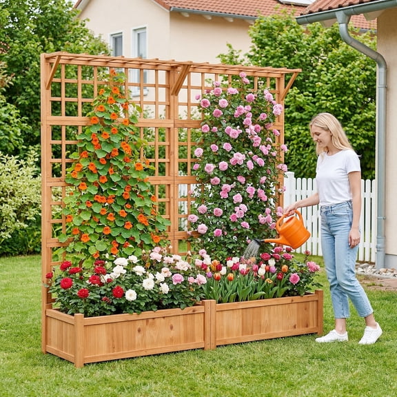 Gaderth 71" Raised Garden Bed with Trellis, Wood Planter Container w/2 Hanging Roof & Garden Boxes, Outdoor Planter Box with Drainage Holes for Climbing Plants Flowers Vine