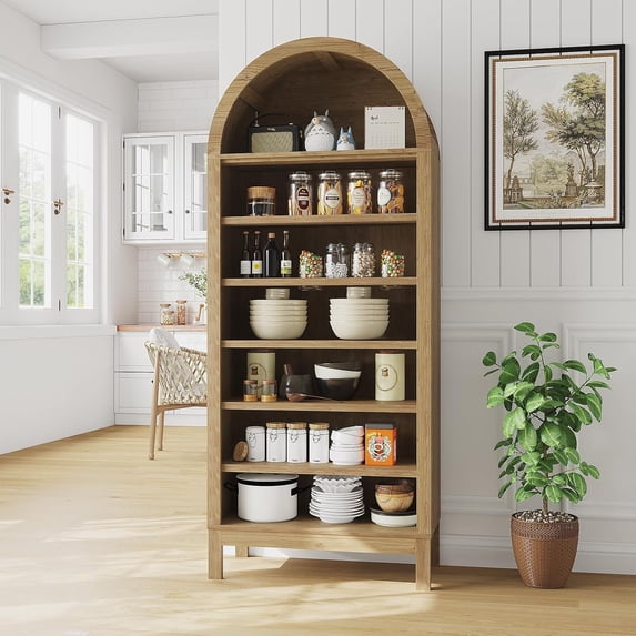 Gaderth 71" Tall Arched Display Cabinet, 7-Tier Adjustable Shelf Bookcase, Kitchen Pantry, Entryway Shoe Cabinet for Living Room, Dining Room, Bathroom, Hallway