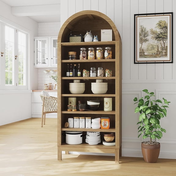 Gaderth 71" Tall Arched Display Cabinet, 7-Tier Adjustable Shelf Bookcase, Kitchen Pantry, Entryway Shoe Cabinet for Living Room, Dining Room, Bathroom, Hallway