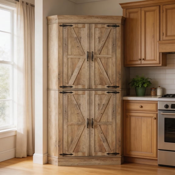Gaderth 71" Tall Corner Bar Cabinet,Heavy Duty Corner Kitchen Pantry Cabinet with 4 Doors&Shelves,Freestanding L Shape Buffet Hutch with Side Rack