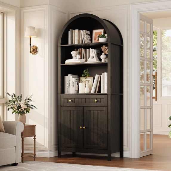 Gaderth 73" Tall Arched Farmhouse Storage Cabinet, Freestanding Accent Cabinet with Adjustable Shelves, Wood Display Cupboard for Living Room