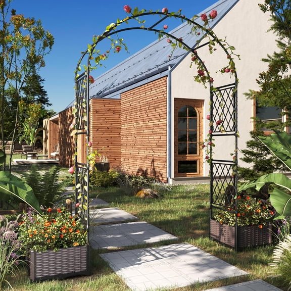 Gaderth 78.7" Metal Garden Arbor with Dual Planter Boxes, Weather-Resistant Garden Arch Trellis, Halloween Archway PE Coated Arch Trellis for Climbing Plants, Decorative Wedding Archway for Lawn