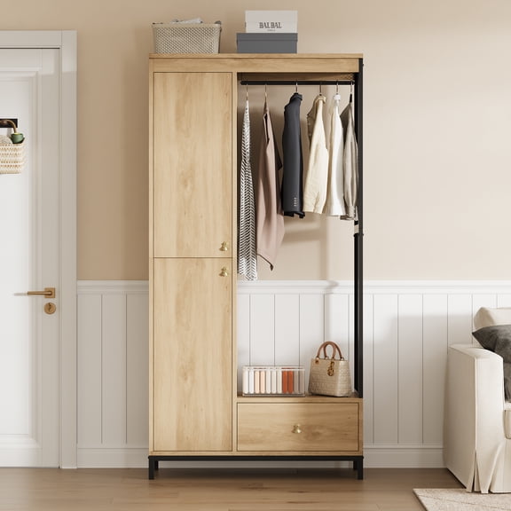 Gaderth 79inch Armoire Wardrobe Closet, Wood and Metal Frame Clothes Storage Organizer with Double Closed Doors, Open Hanging Rod, Bottom Drawer, Freestanding Bedroom Furniture for Small Spaces