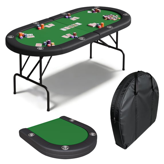 Gaderth 8 Player Oval Poker Table Foldable, Casino Card Table, 72" Poker Game Tables with Storage Bag, Padded Rails & Cup Holders, Portable Folding Game Table for Texas Holdem and Blackjack