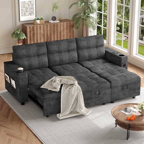 Gaderth 84 Inch Sectional Sleeper Sofa with Pull Out Bed Convertible 2 in 1 Couch for Living Room, L-Shaped Sectional Sleeper Sofa with Reversible Storage Chaises, Hidden Storage Armrests