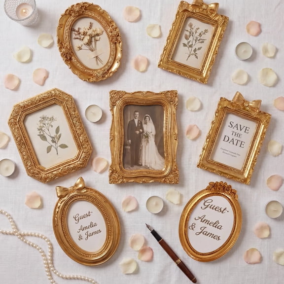 Gaderth 8PCS Vintage Gold Picture Frames Set, 8 Pcs Vintage Picture Frames Set Gold Tiny Picture Frames Wallet Size Baroque Antique Resin Photo Decor for Wedding, Home Decor