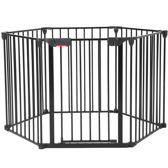 Gaderth Adjustable Extra Wide Baby & Pet Safety Gate – 6-Panel 150.6" x 29" Metal Playpen with Walk-Through Door – Hardware Mounted for Stairs, Doorways, Fireplace, Indoor Dog Gate, Black, 6PCS
