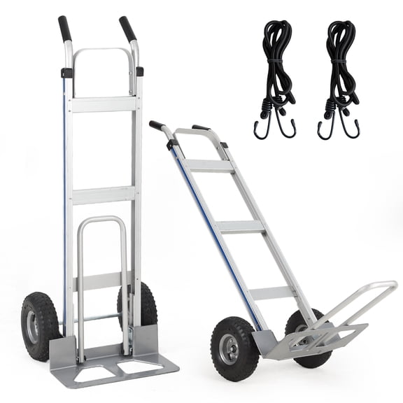 Gaderth Aluminum Hand Truck Dolly Cart with Extendable Base Plate, 10" Pneumatic Tire and 2 Elastic Cords, Heavy Duty 600 LBS Capacity Platform Hand Cart for Transport & Moving
