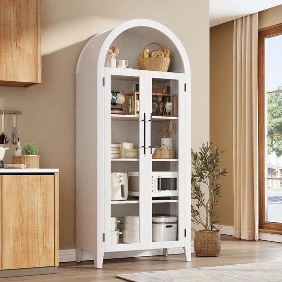 Gaderth Arched Kitchen Pantry Cabinet,Tall Arched Cabinet,Modern Storage Cabinet,Farmhouse 5 Tier Wood Bookcase,Versatile Cupboard With Adjustable Shelf And 2 Glass Doors For Dining Living Room