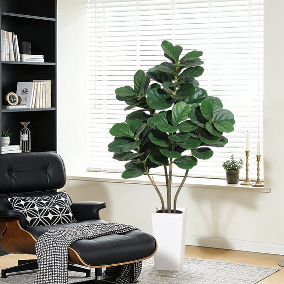 Gaderth Artificial Fiddle Leaf Tree, Artificial Fig Trees Floor Plants, Faux Plant Fake Ficus Lyrata Silk Trees with White Planter for House Office Home Decor