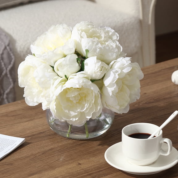 Gaderth Artificial Peonies with Vase, Silk Peony Flower Arrangement with Faux Water, Faux Peony Silk Flowers Bouquet for Table Centerpiece, Wedding Decor, Centerpiece Table Decorations