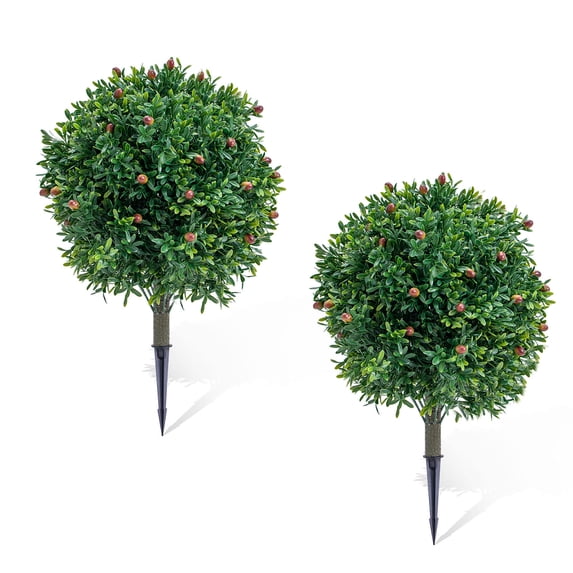 Gaderth Boxwood Topiary Bush, 2 Pack Artificial Topiary with Ground Spike, Evergreen Plants Topiary Ball Tree, Fake Greenery Shrub Faux Plant Fall Decorations Flower for Garden Yard Porch