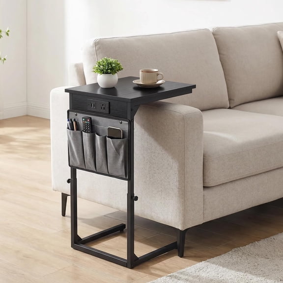 Gaderth C-Shaped End Table with Charging Station, Sofa Side Table for Couch - Space-Saving Slide-Under Design - Small TV Tray for Eating & Reading - Matte Black