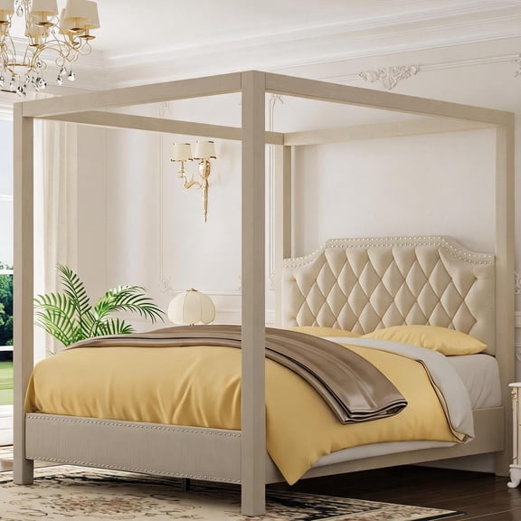 Gaderth Canopy Bed Frame with Headboard Wingback, Retro Button Tufted Platform Bed No Box Spring Needed, Easy Assembly Wooden Slatted Structure