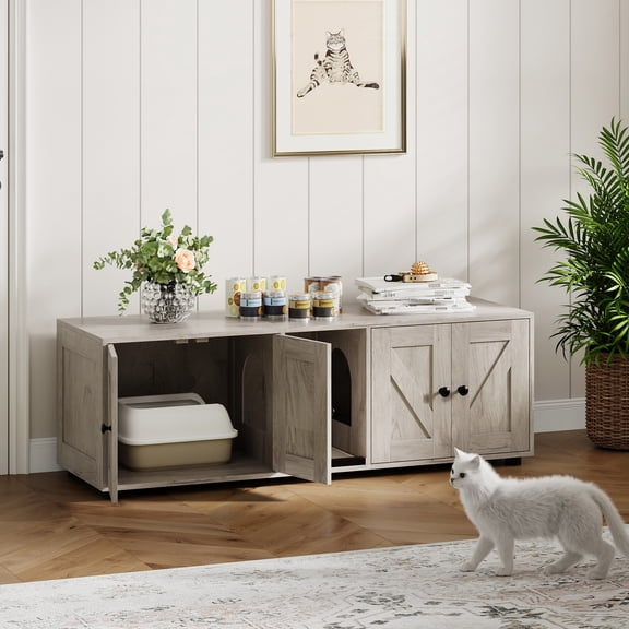 Gaderth Cat Litter Box Enclosure for 2 Cats, Hidden Litter Box Furniture Cabinet with Double Room, Double Cat Litter Box Enclosure, Hidden Litter Box Tv Stand
