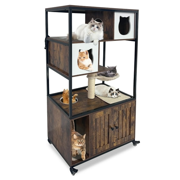 Gaderth Cat Litter Box Enclosure with Storage Shelves, 57.5 ” Tall Hidden Litter Box with Scratching Board, and Winding Entry,Rolling Cat Washroom Indoor, Cat House Cabinet Fit Most of Litter Box