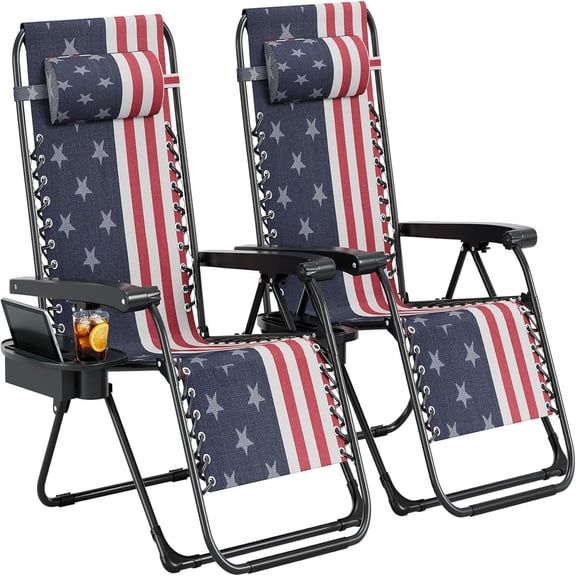 Gaderth Chair Set of 2. Anti Gravity Outdoor Lawn Chair with Pillow & Cup Holder Tray. Foldable Patio Recliner Chair. Adjustable Reclining. Camping Chair for Deck. Beach. Yard. Garden
