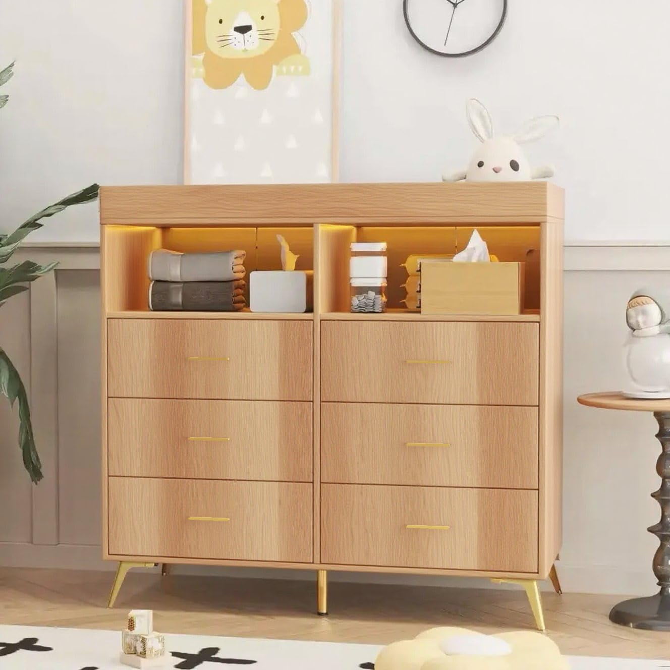 Gaderth Changing Table Dresser with Drawers, 6 Drawers Dresser with Changing Table Top, Metal Feet, Diaper Changing Station Nursery Organizer（ship in 2 boxes）