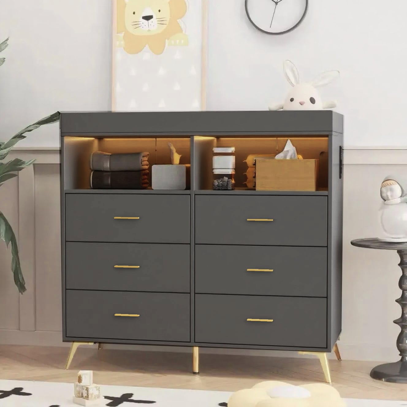 Gaderth Changing Table Dresser with Drawers, 6 Drawers Dresser with Changing Table Top, Metal Feet, Diaper Changing Station Nursery Organizer（ship in 2 boxes）