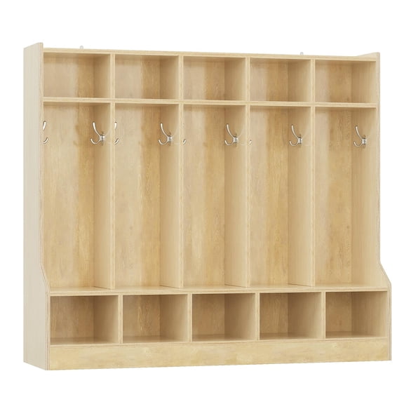 Gaderth Coat Locker with Bench for Classroom, Smooth Wood Surface 10 Cubbies, Daycare Cubby with 4 Hidden Casters & 10 Hooks, Cubby Storage Organizer for Home, School