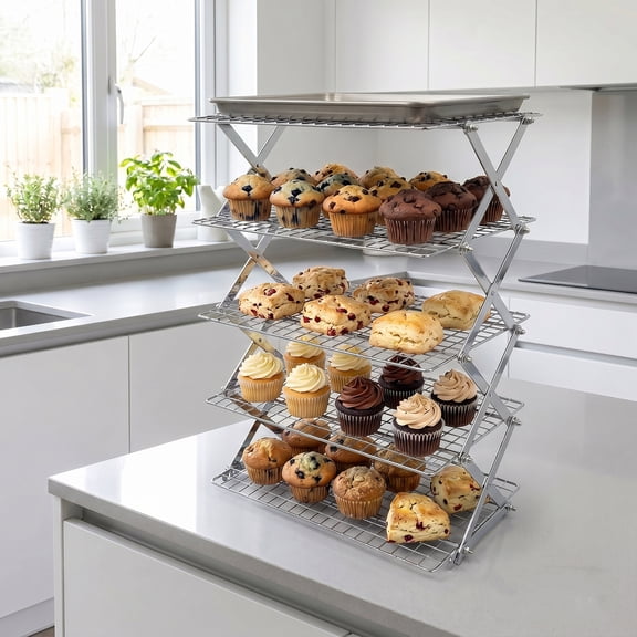 Gaderth Collapsible X-Shaped Multi-Tier Cooling Rack, Adjustable Height Carbon Steel Baking Stand, Stackable Roasting Cooking Drying Wire Cooling Rack-Oven & Dishwasher Safe