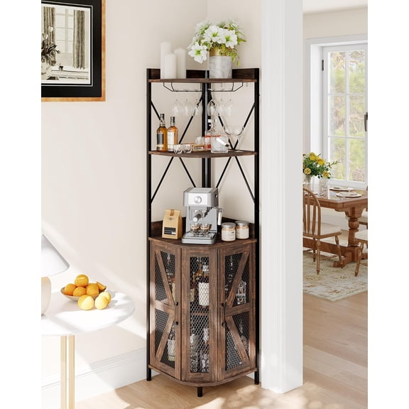 Gaderth Corner Bar Cabinet with 12 Colors LED Lights, Corner Cabinet with Outlet, Detachable Wine Rack, Farmhouse Style Coffee Cabinet, 5-Tiers Liquor Cabinets Bar for Home