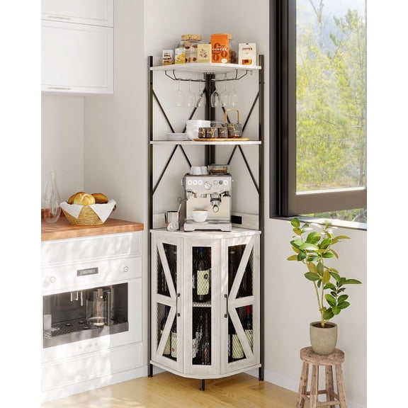 Gaderth Corner Bar Cabinet with 12 Colors LED Lights, Corner Cabinet with Outlet, Detachable Wine Rack, Farmhouse Style Coffee Cabinet, 5-Tiers Liquor Cabinets Bar for Home