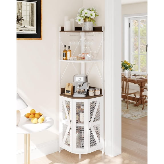 Gaderth Corner Bar Cabinet with 12 Colors LED Lights, Corner Cabinet with Outlet, Detachable Wine Rack, Farmhouse Style Coffee Cabinet, 5-Tiers Liquor Cabinets Bar for Home