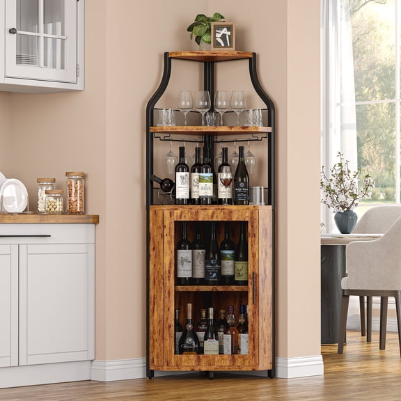 Gaderth Corner Bar Cabinet With Wine Rack,Industrial Wine Bar Cabinet,Liquor Cabinet,Coffee Bar,Sideboard Buffet Cabinet With Glass Holder,Mesh Door For Kitchen Dining Living Home Bar