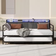 Gaderth Daybed with Trundle Bed, Metal Day Bed Pop Up Trundle Bed, Twin Bed Frame with Linen Upholstered Storage Headboard & Charging Station and LED Light