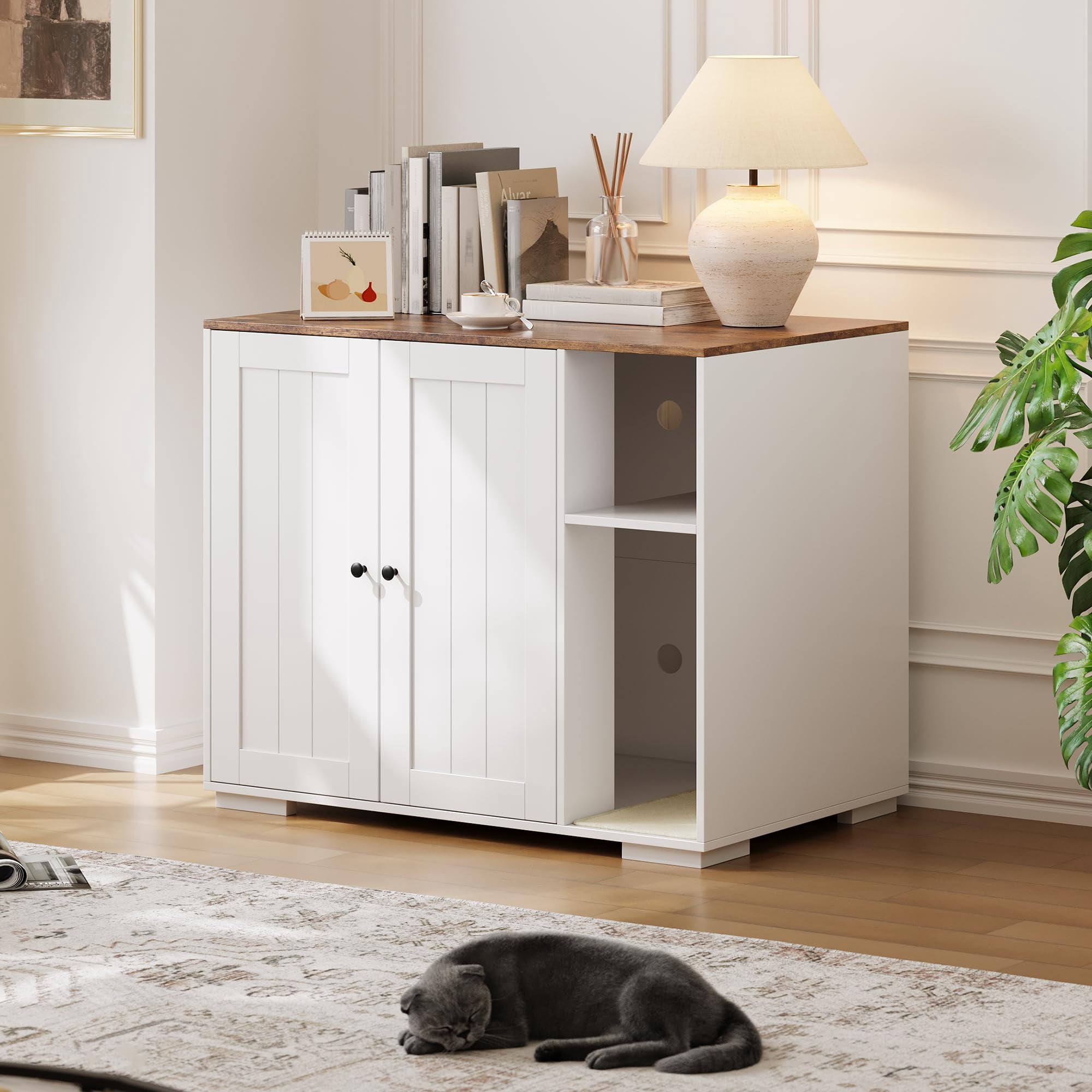 Gaderth Dog-Proof Large Cat Litter Box Enclosure with Scratch Pad,  Multi-Functional Indoor Cat House, Large Automatic Litter Box Furniture for Placing Self-Cleaning Litter Box