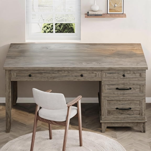 Gaderth Farmhouse 53.5" Executive Desk,Home Office Desk Study Desk With File Drawer And Monitor Stand, Computer Desk With Drawers And Storage Cabinet, Writing Desk For Work Study Writing