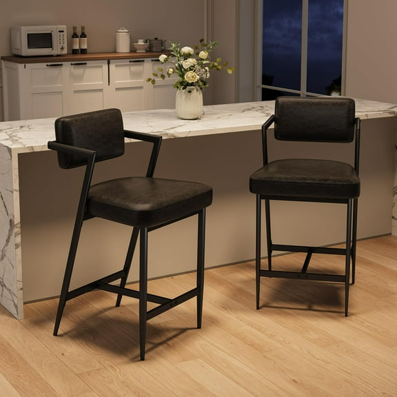 Gaderth Farmhouse Leather Bar Stools Set of 2, 400Lbs Capacity, Upholstered Counter Height Tall Bar Chairs with Soft Cushion & Armrest for Kitchen Island, Home Bar