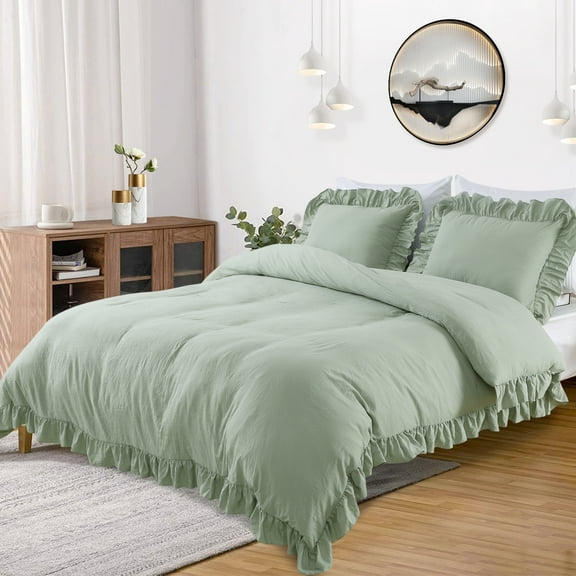 Gaderth Farmhouse Ruffle Bedding Set, Soft Microfiber All Season Shabby Chic Bed Comforter Set 3 Pieces(1 Ruffle Comforter 2 Pillowcases),Soft Breathable Bedding Comforter Quilt Cover